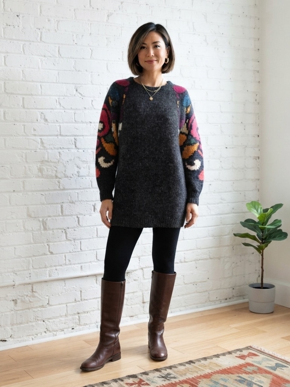 VTG 80s Abstract Intarsia Sleeve Sweater Wool Blend Tunic M